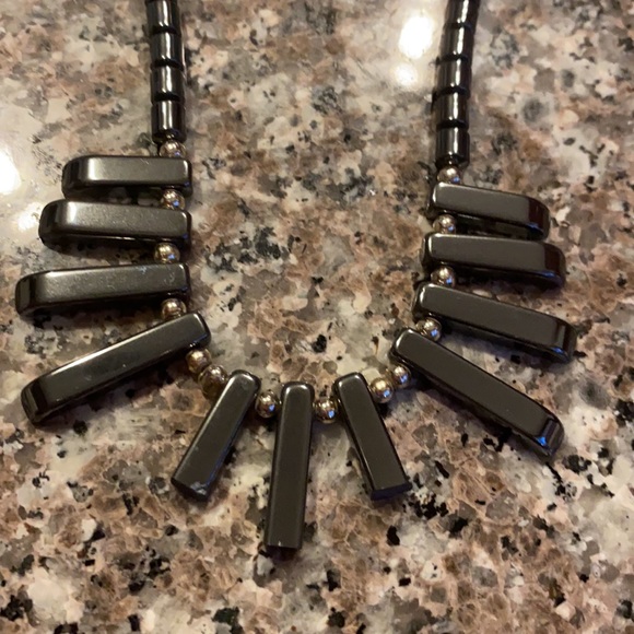 Charcoal /silver colored heavy beaded necklace with large matching earrings - Picture 6 of 10